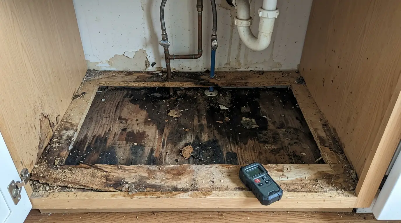 Sink base cabinet opened up after a slow leak