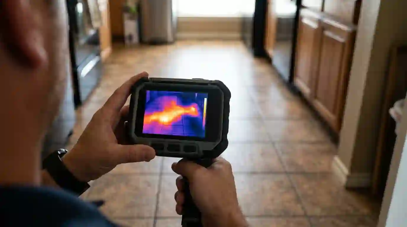 Thermal image of a warm slab leak spot