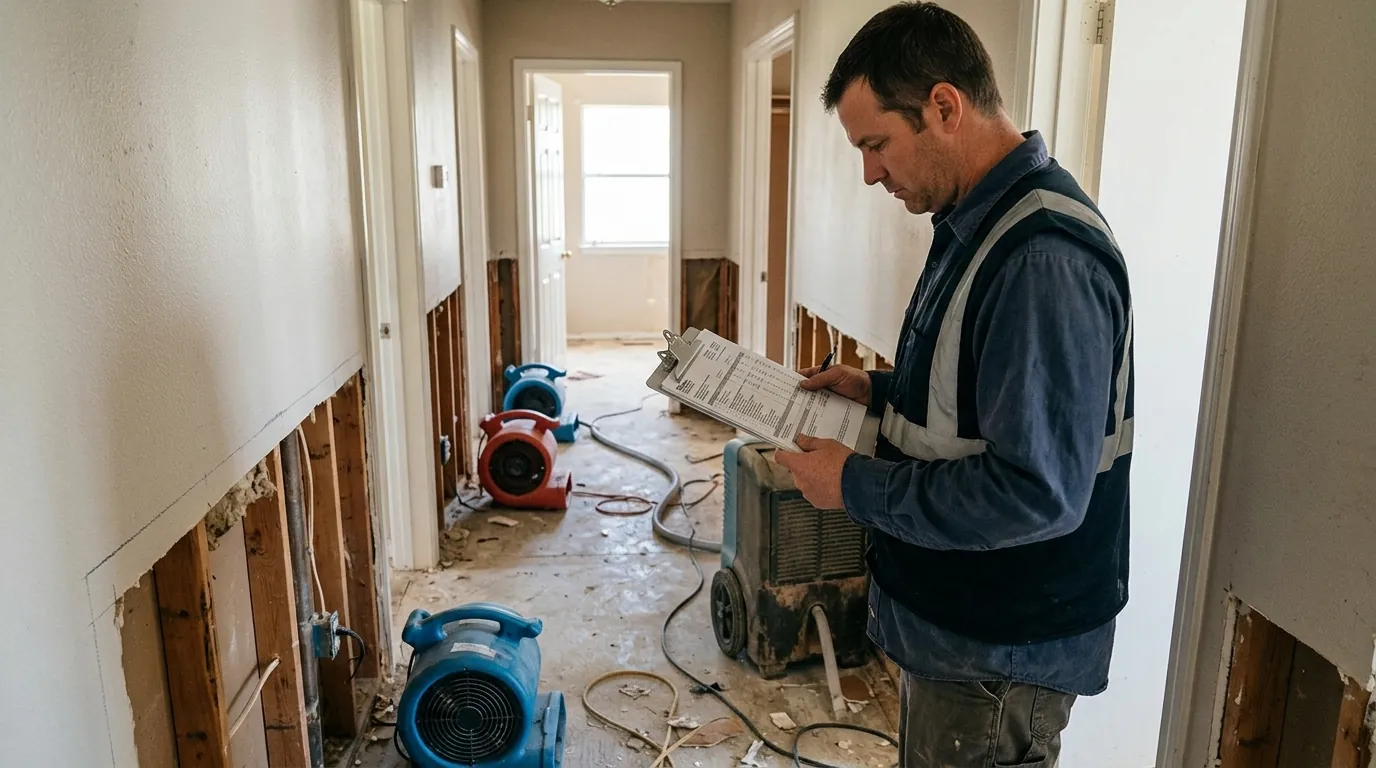 Reviewing a water damage estimate beside drying equipment