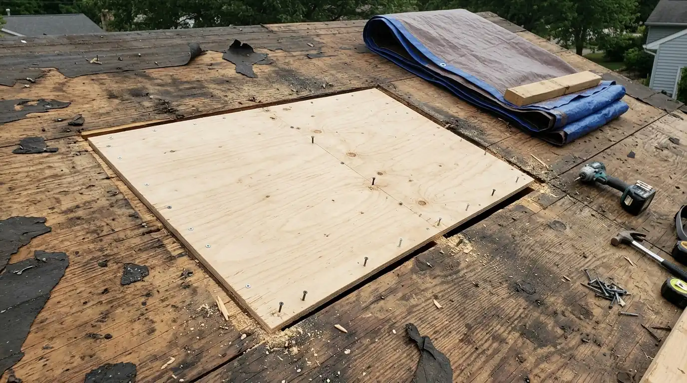 Plywood patch over a hole in roof decking