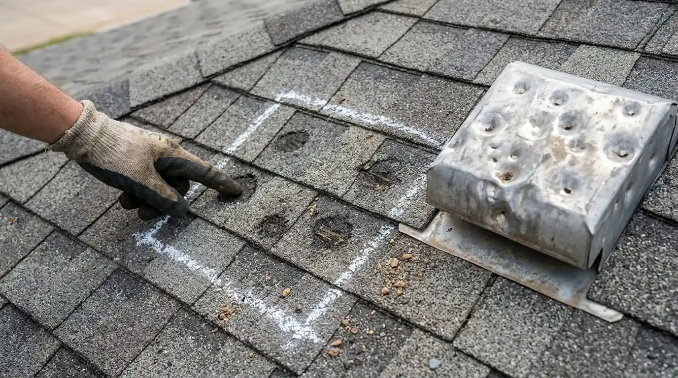 Hail bruises marked in a test square on a shingle roof
