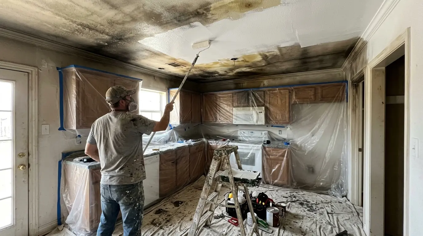 Shellac primer rolled over a smoke-stained ceiling