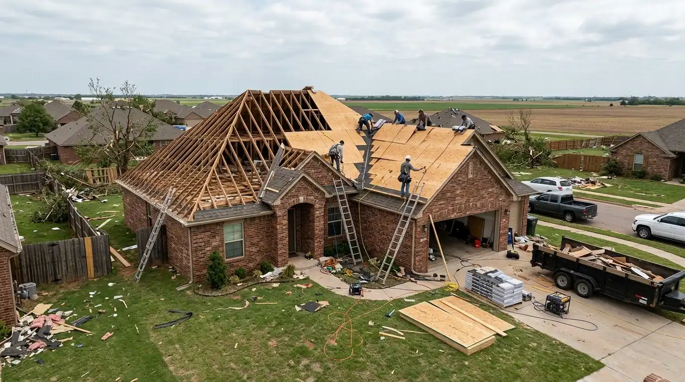 Crew installing new roof decking after a tornado
