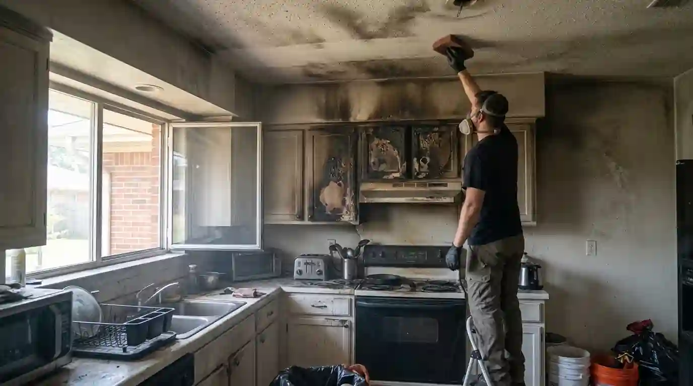 Technician cleaning soot from a kitchen ceiling after a fire