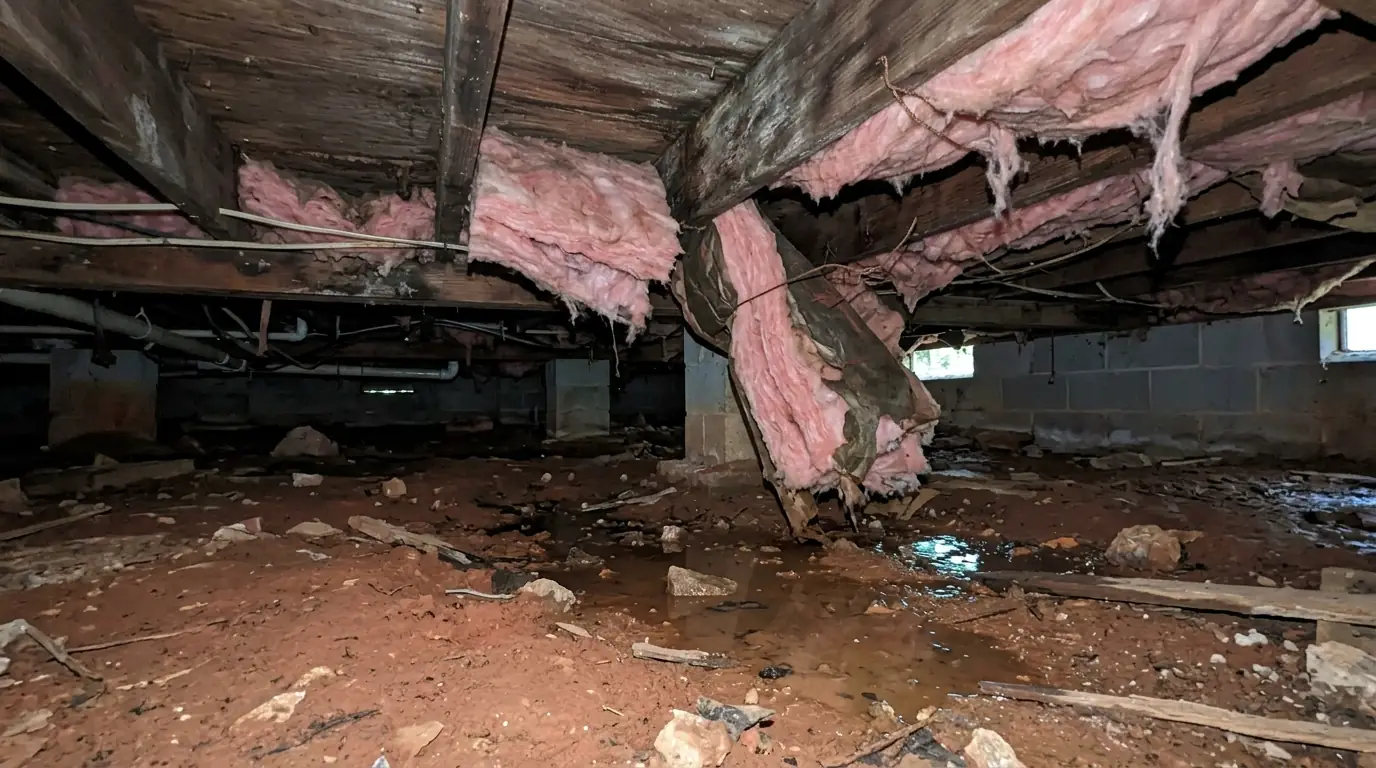 Wet insulation sagging in a crawl space