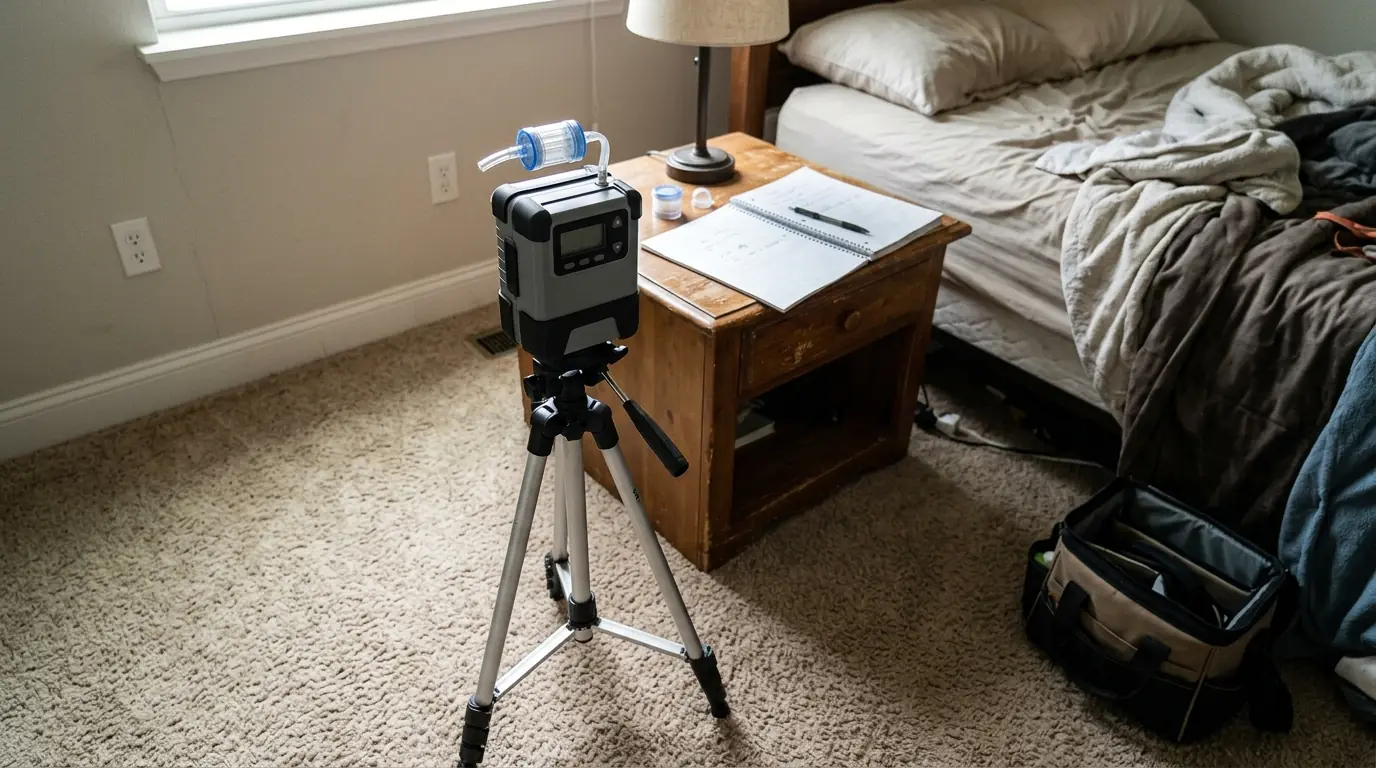 Air sampling pump set up in a bedroom