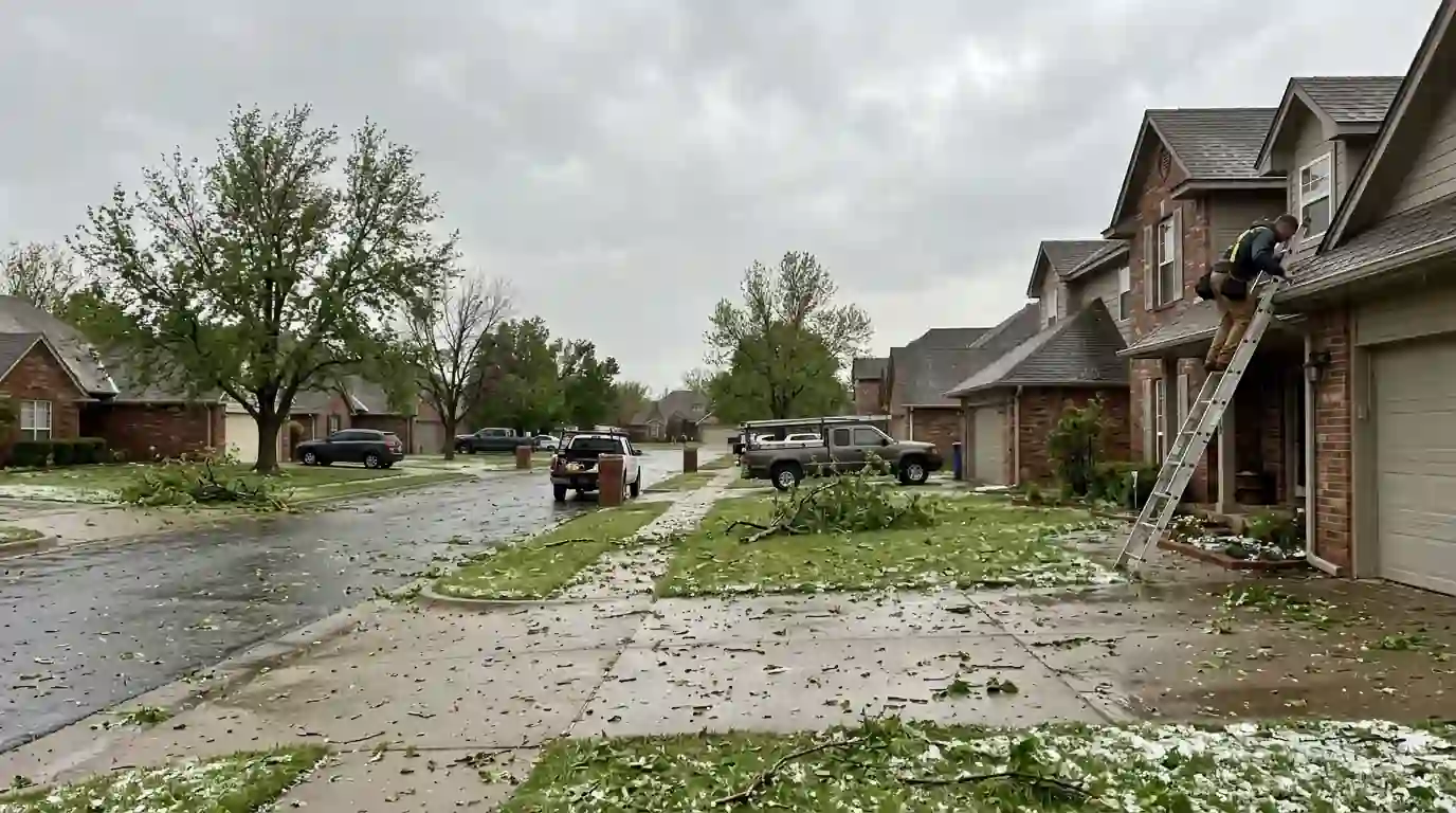 Tarped roofs and boarded windows along a street after a spring tornado