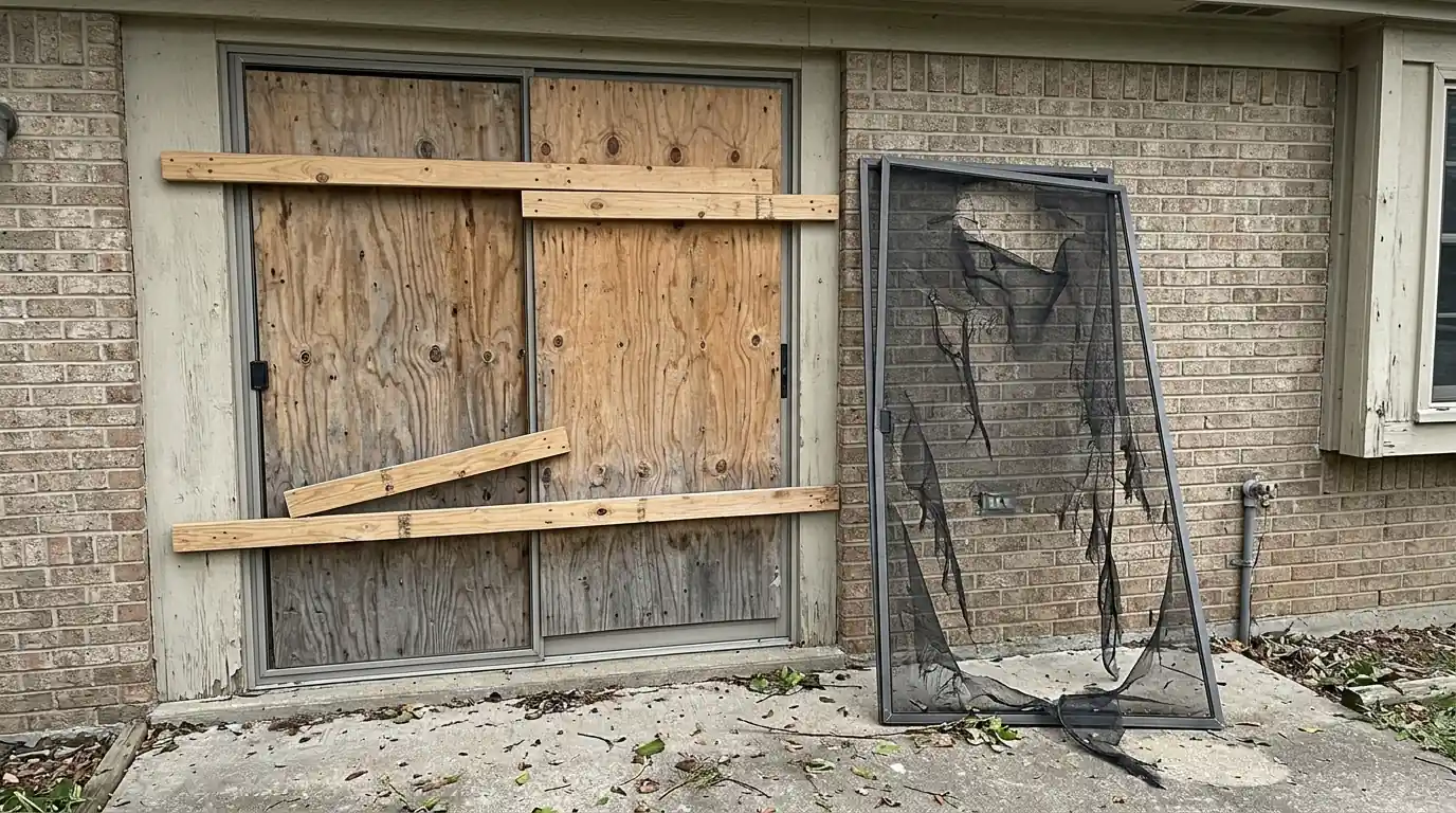 Braced plywood over a sliding glass door