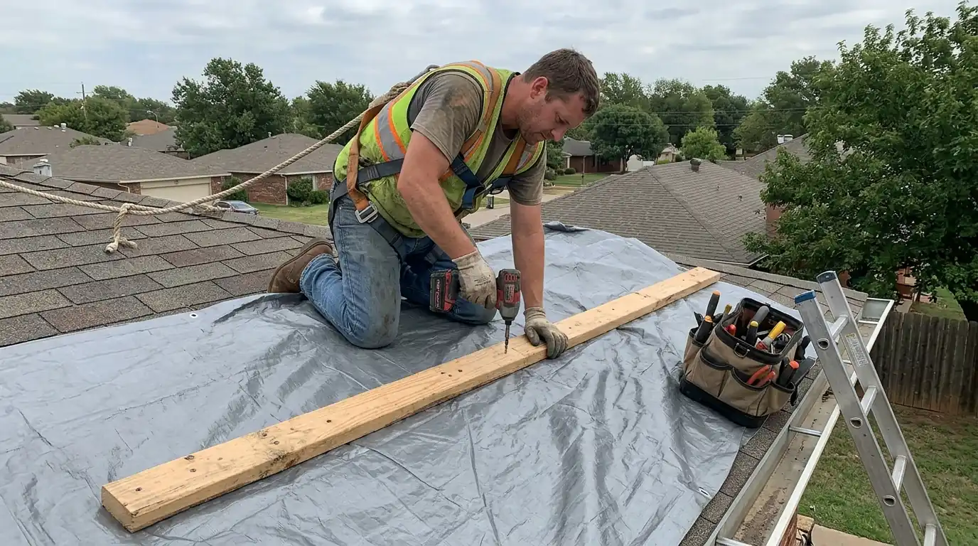 Screwing down a tarp batten on a roof