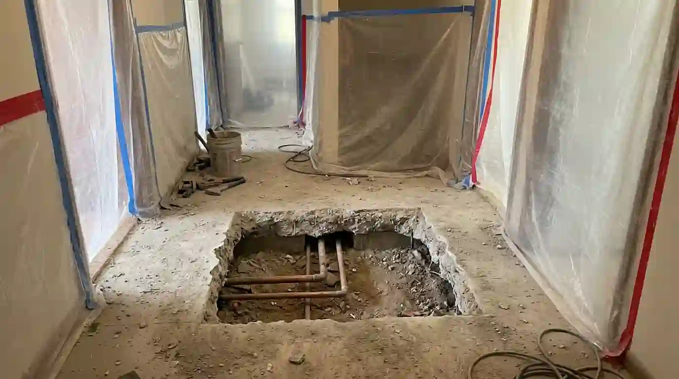 Concrete slab opened to reach a leaking pipe