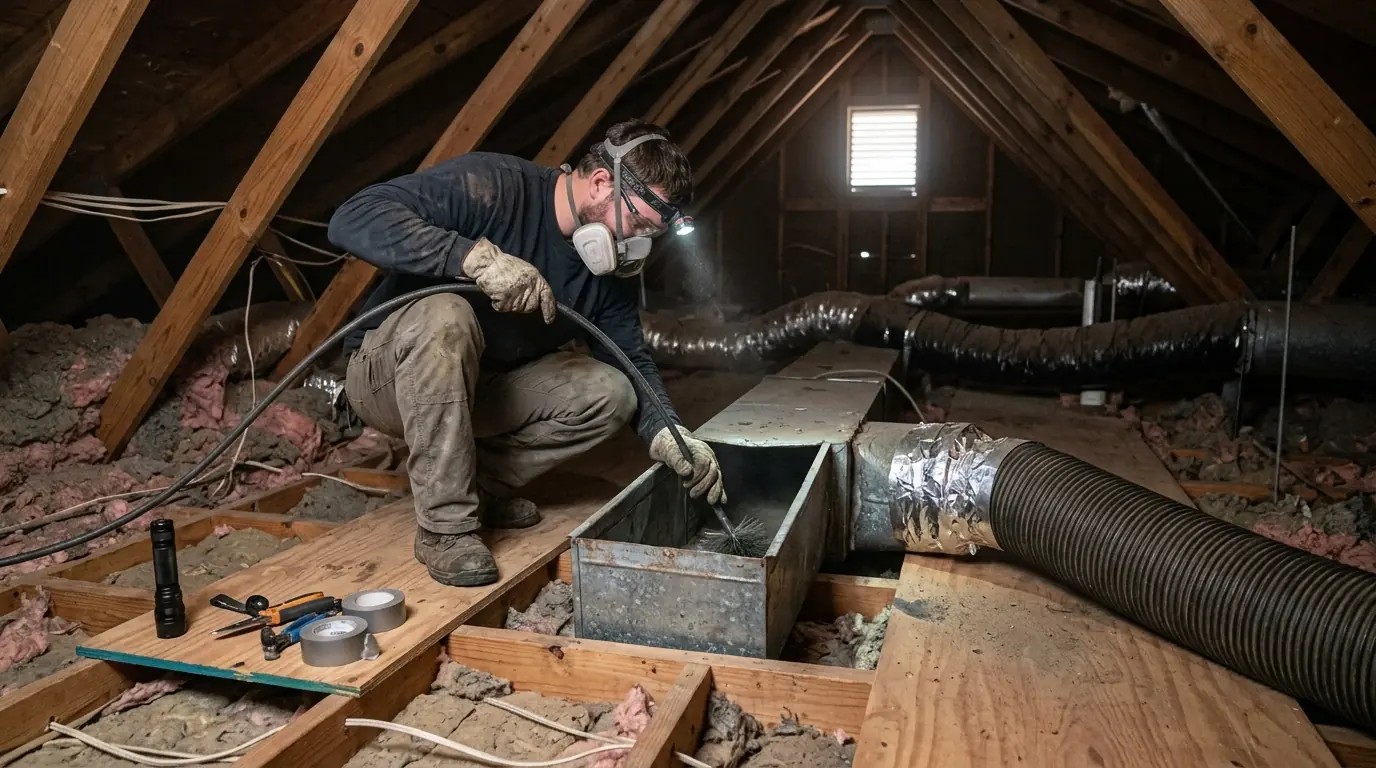 Rotary brush cleaning a metal duct in an attic