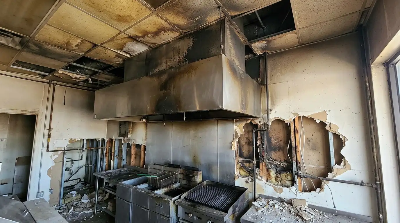 Soot on a restaurant hood and ceiling