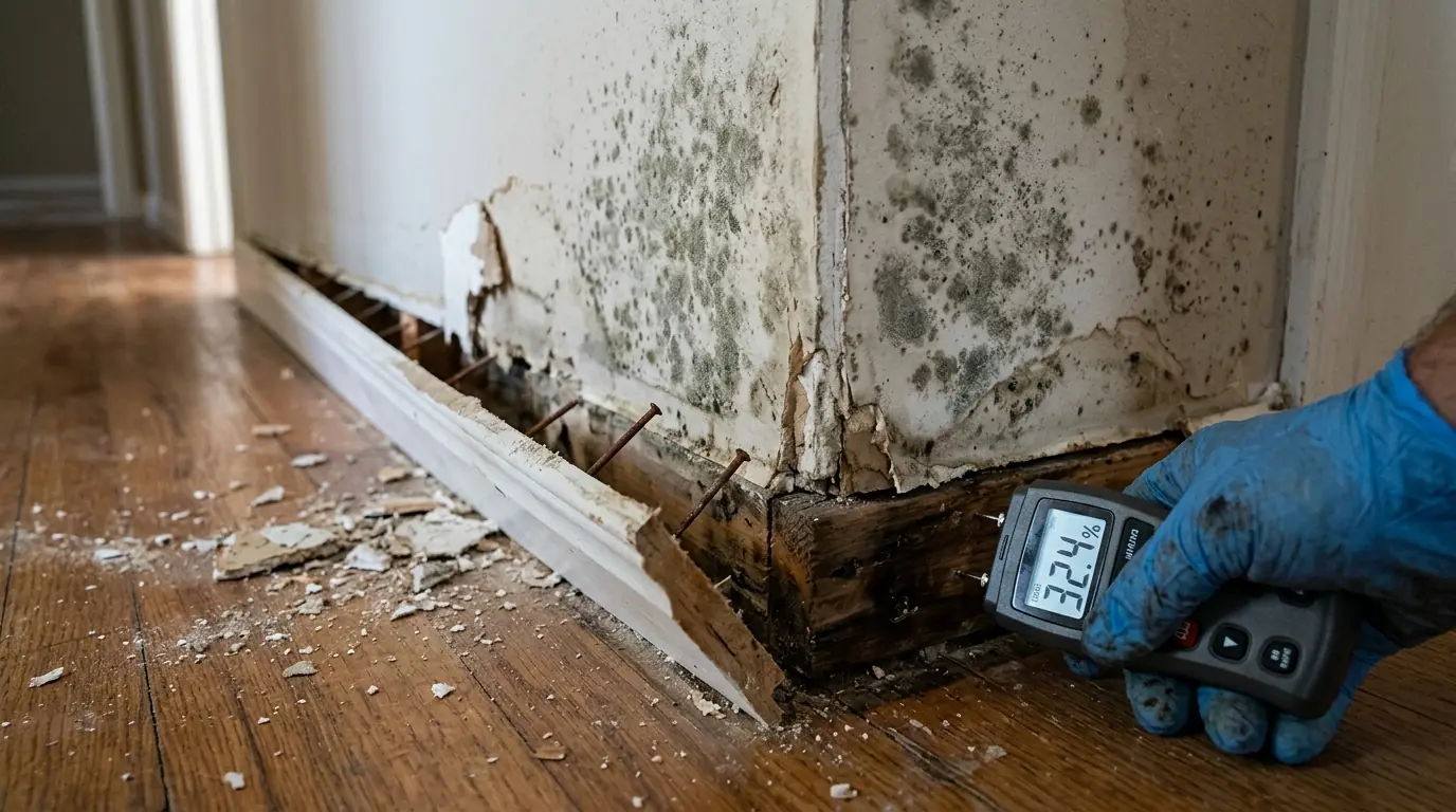 Mold found behind a baseboard after a water leak
