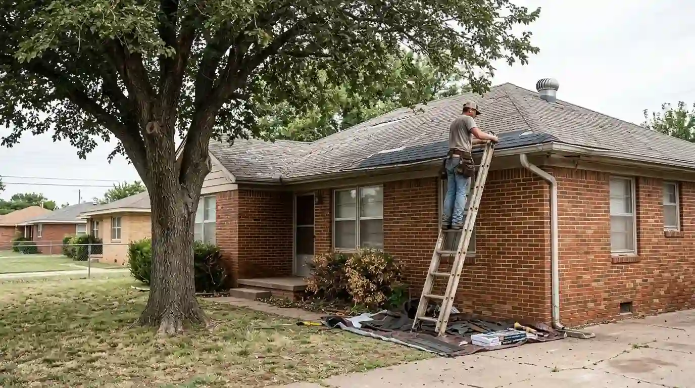 Roofer replacing hail-damaged shingles on an older brick home