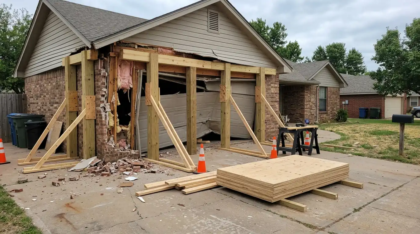 Temporary shoring at a garage wall after a vehicle strike
