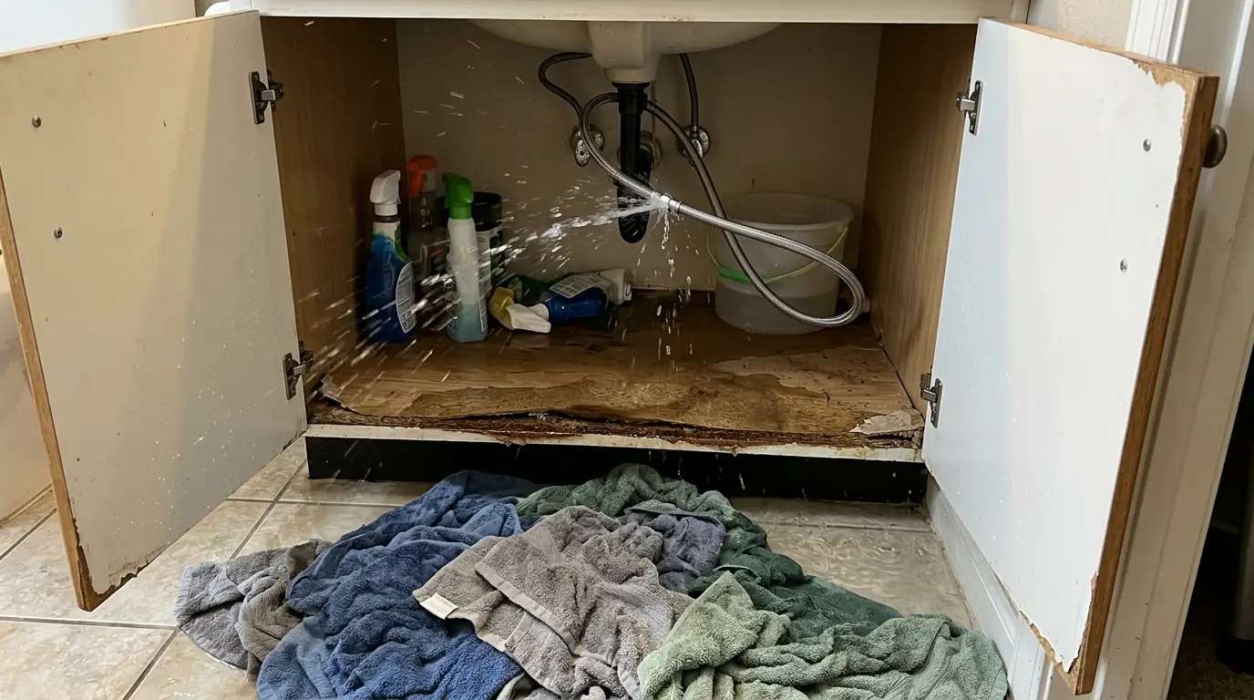 Failed supply hose leaking under a bathroom sink