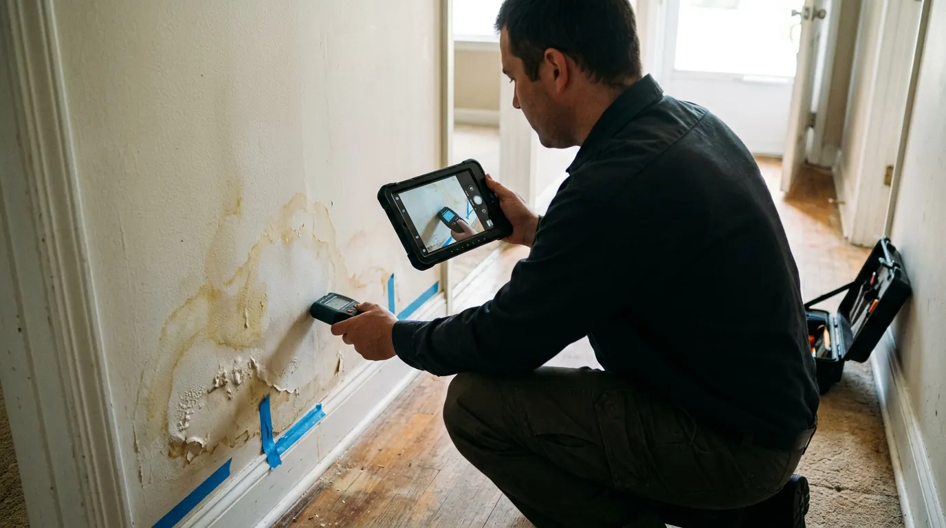 Documenting moisture readings on a stained wall