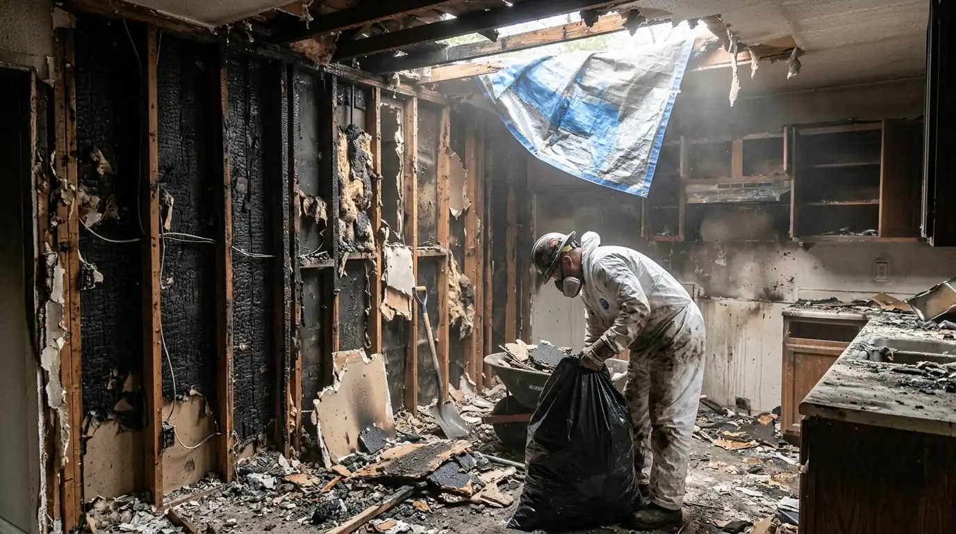 Burned framing removed after a kitchen fire
