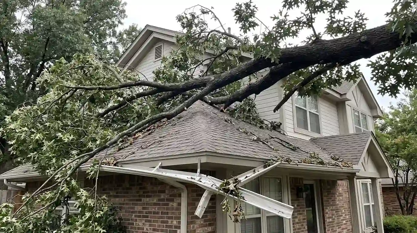 Tree limb resting across a two-story house roof