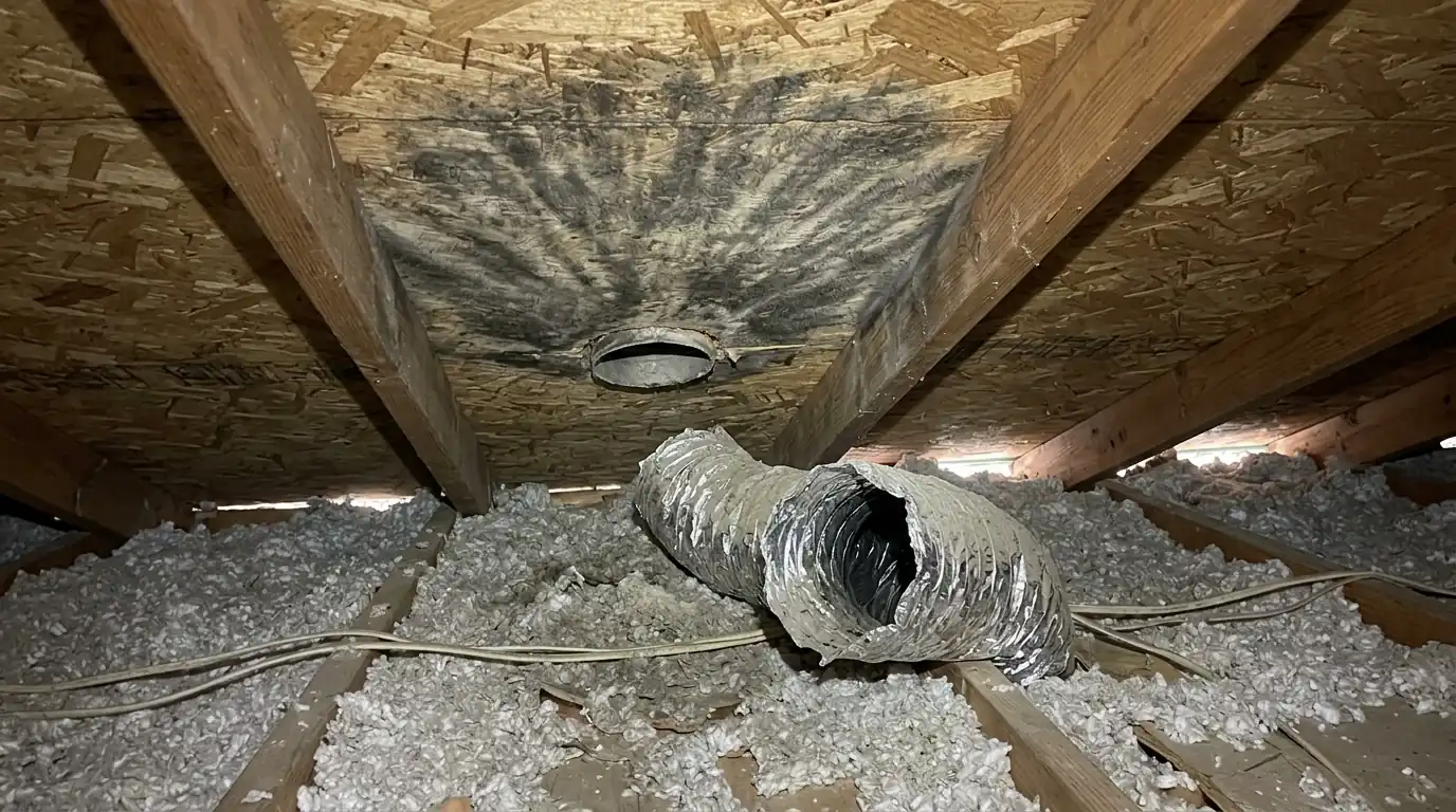 Mold staining above an attic bath fan duct