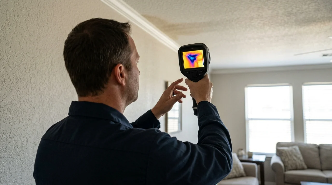 Thermal camera scanning a ceiling for a hidden leak