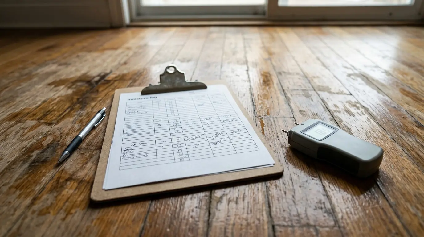 Moisture log and meter on a damp hardwood floor