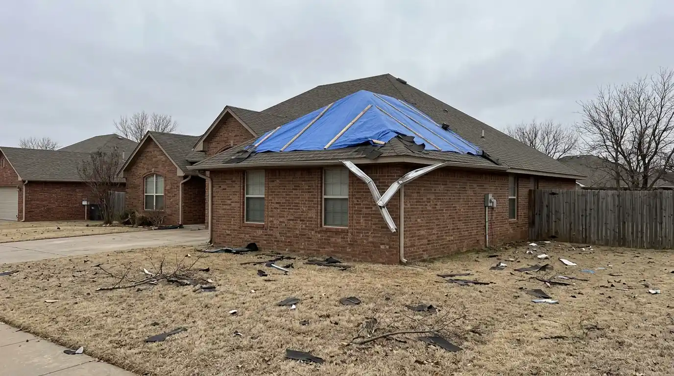 Tarp covering a wind-damaged roof on a suburban home