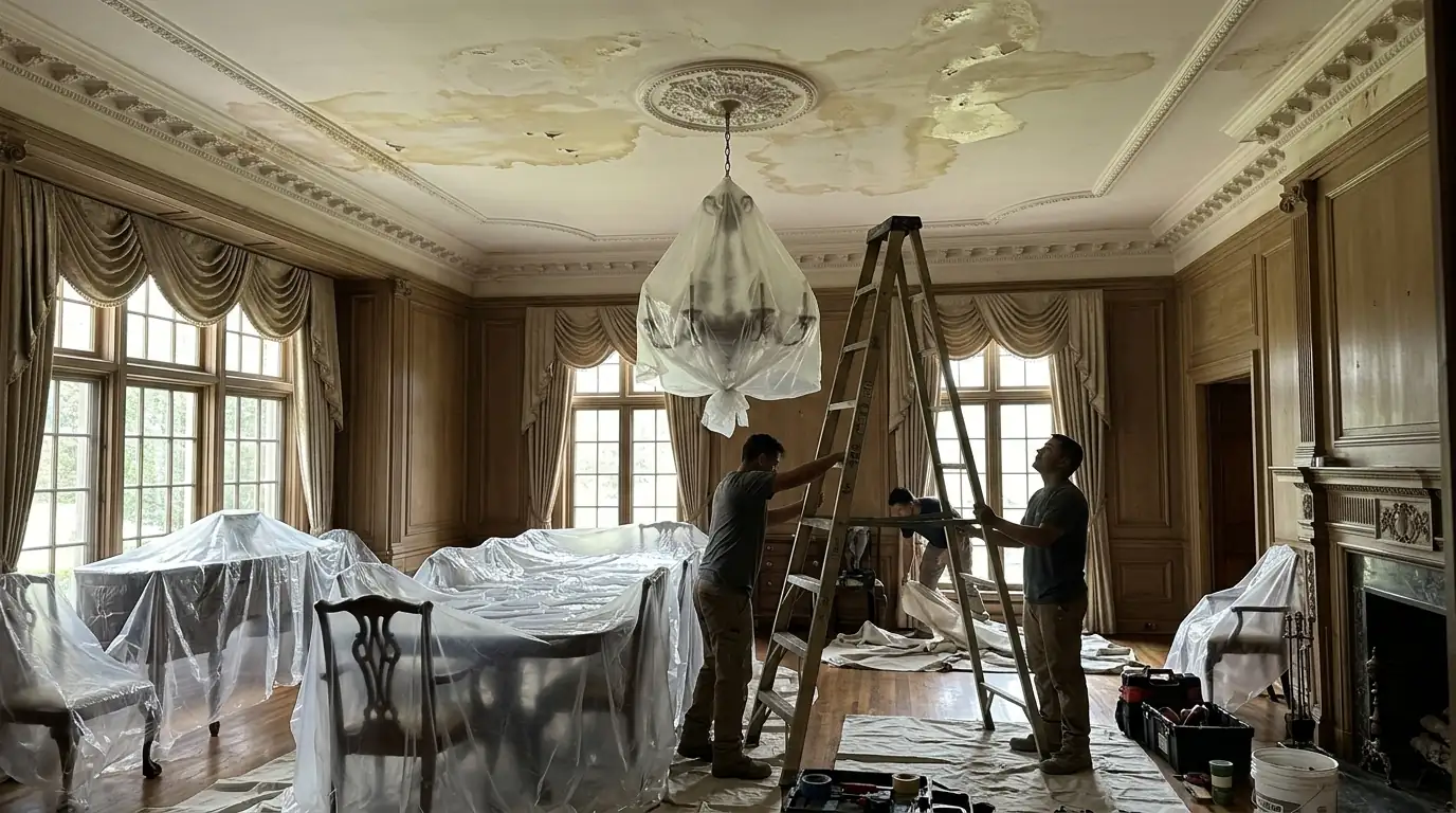 Water-stained plaster ceiling in a formal dining room