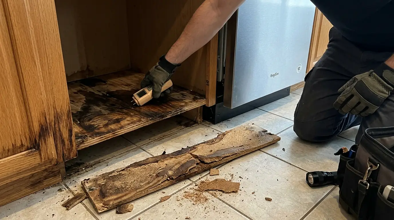 Checking the subfloor behind a removed dishwasher