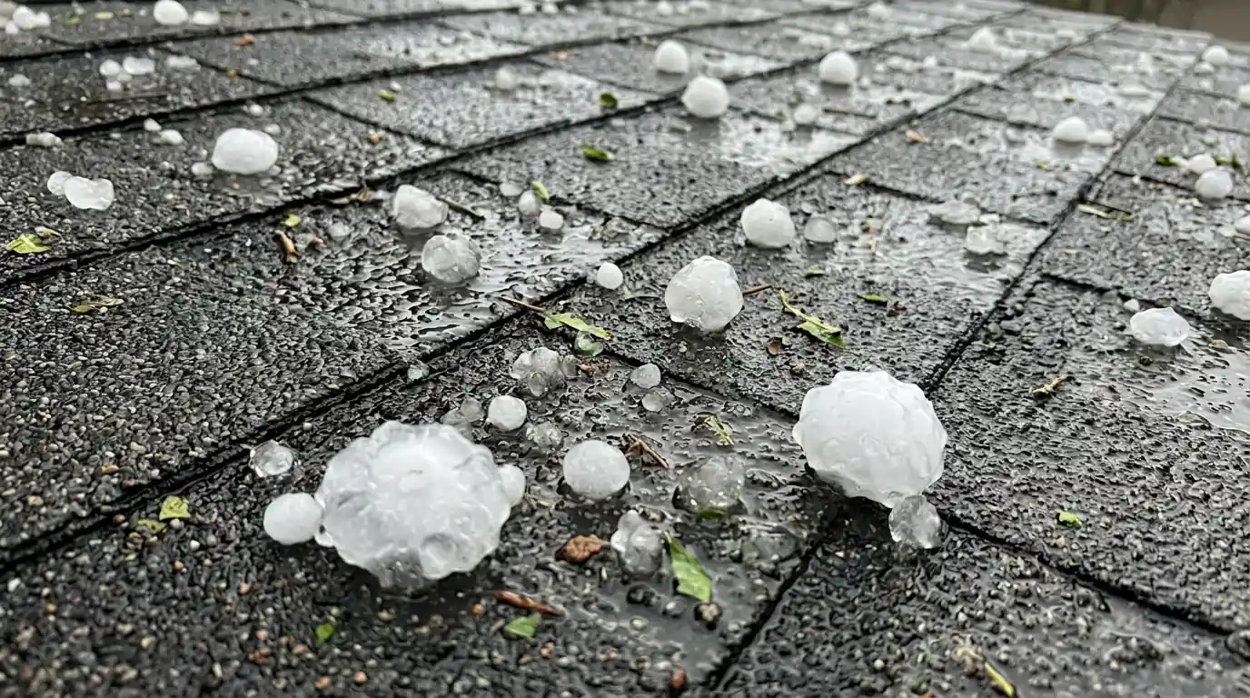 Hailstones on a dark shingle roof after a storm