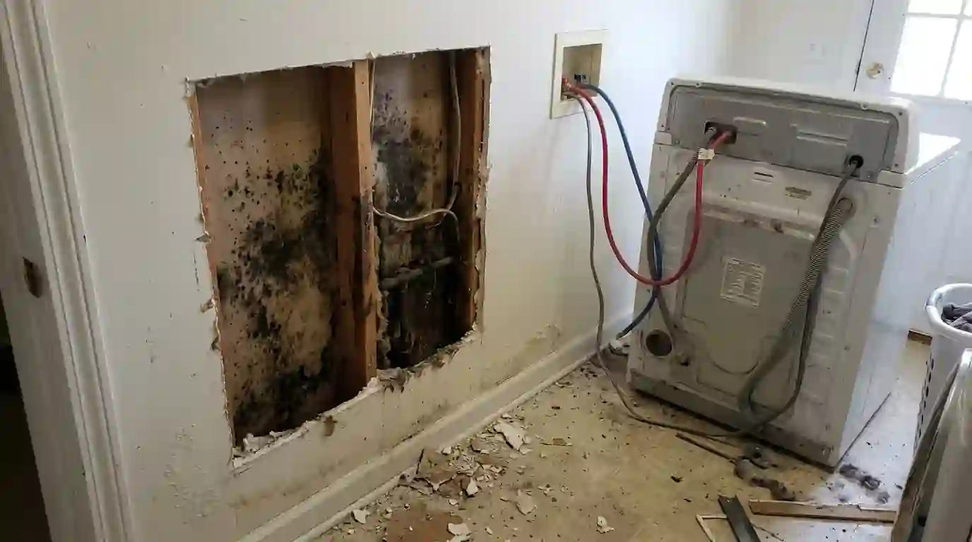 Mold on the back of drywall in a laundry room