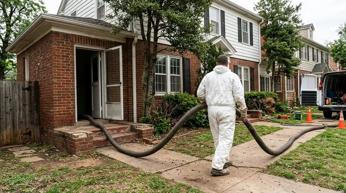 Technician in protective gear entering a home after a sewer backup