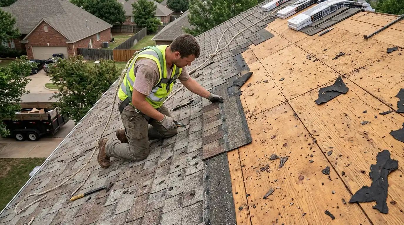 Comparing a new shingle against a hail-damaged roof