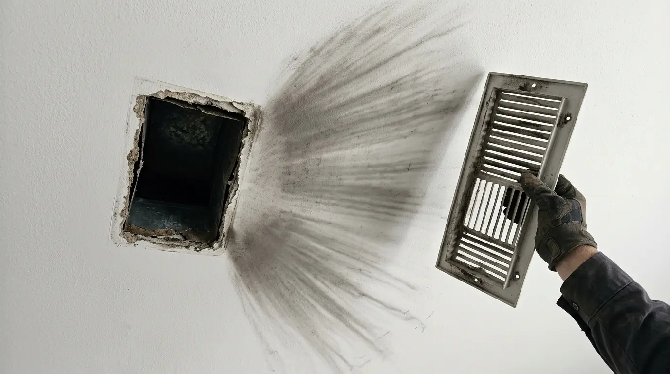 Soot streaks around a ceiling supply register