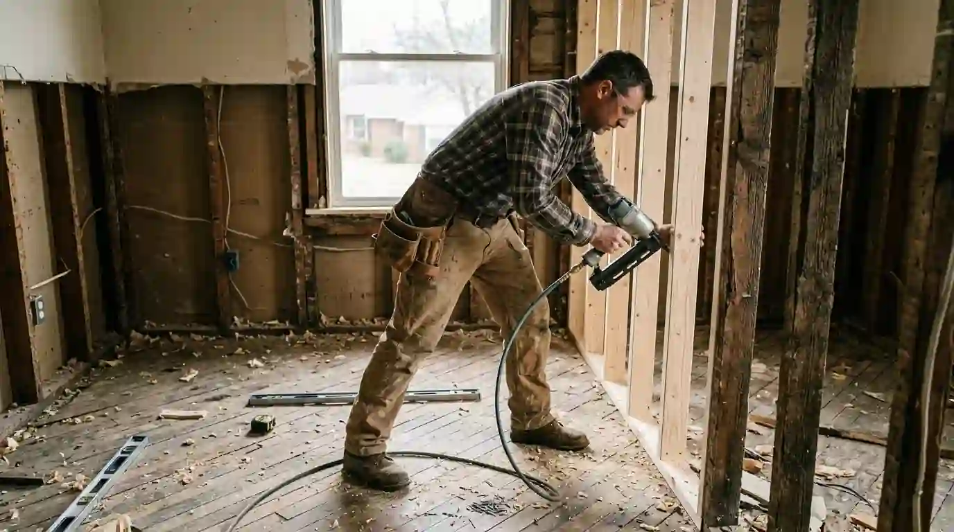 New studs replacing damaged framing in a bedroom