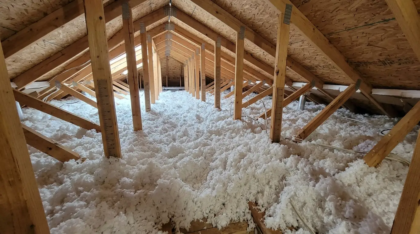 New blown-in insulation at a measured depth