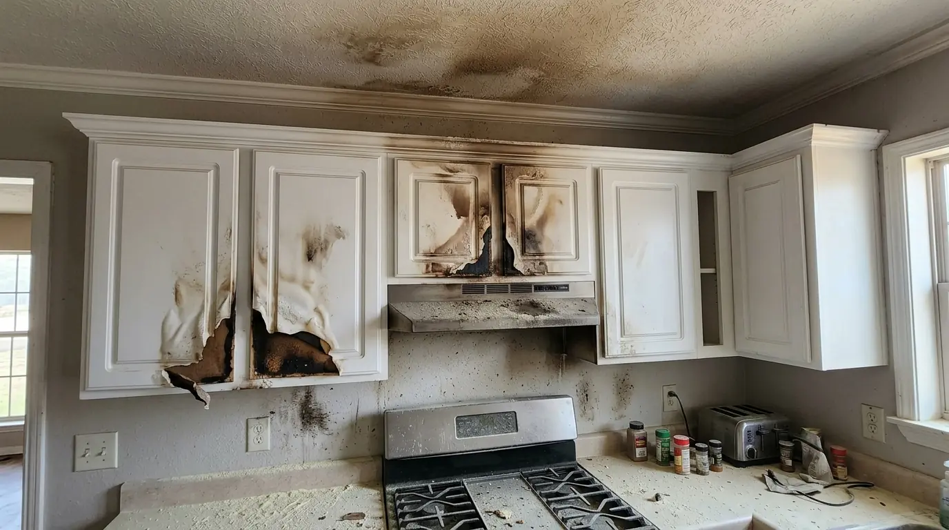 Fire-damaged cabinets above a kitchen range