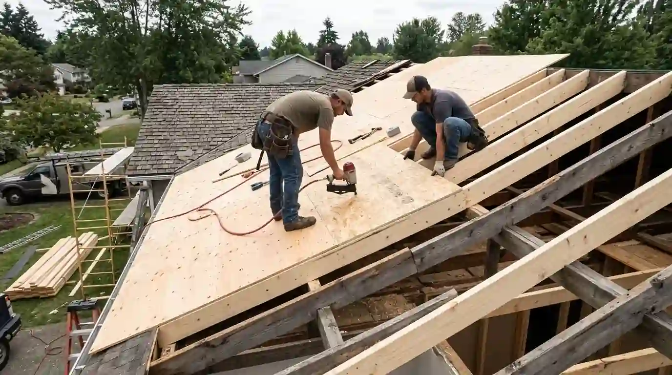 New roof decking going on over replaced rafters
