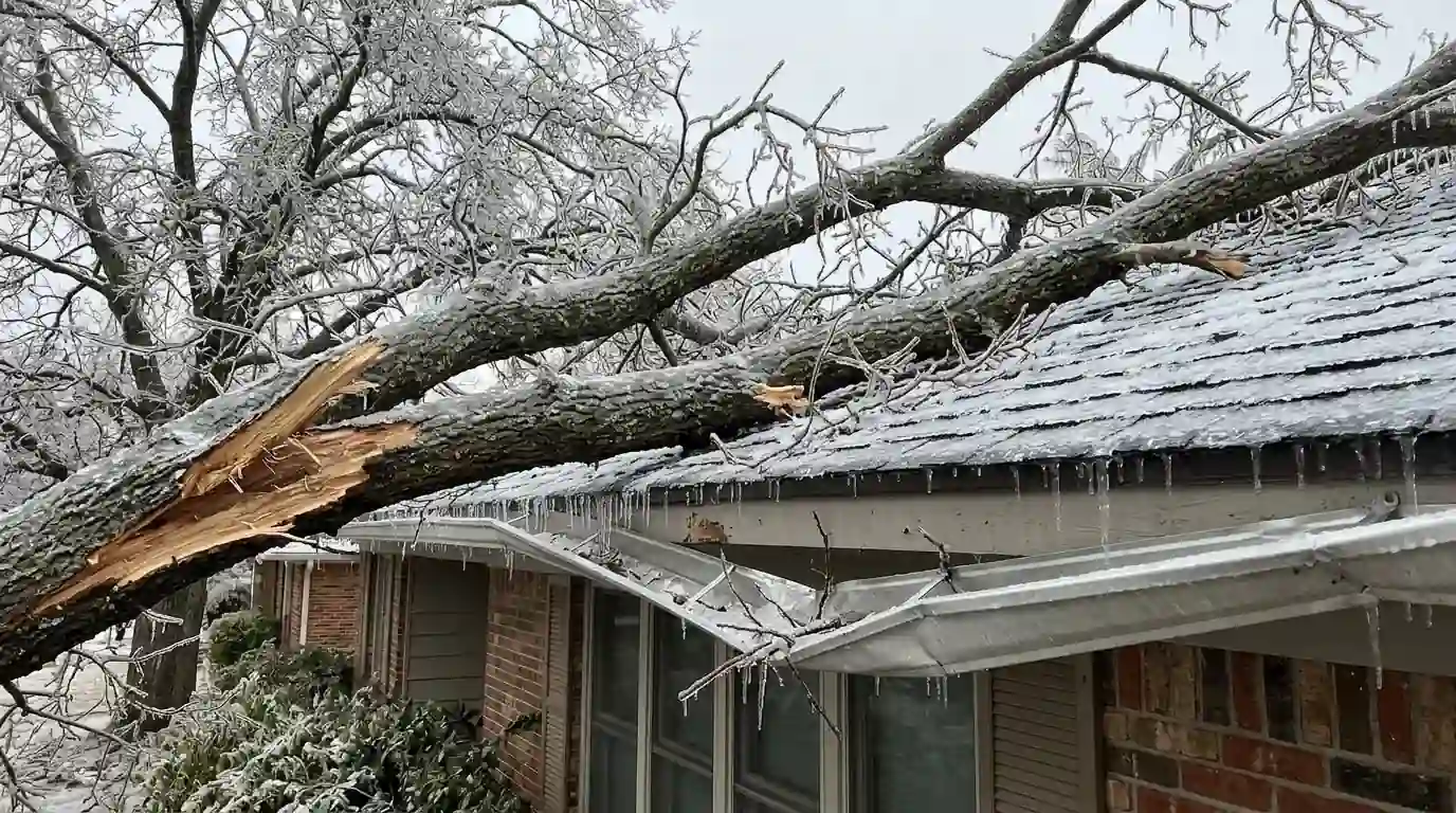 Ice-laden limb on a crushed gutter