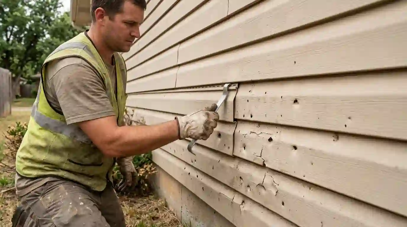 Removing a cracked vinyl siding panel after hail