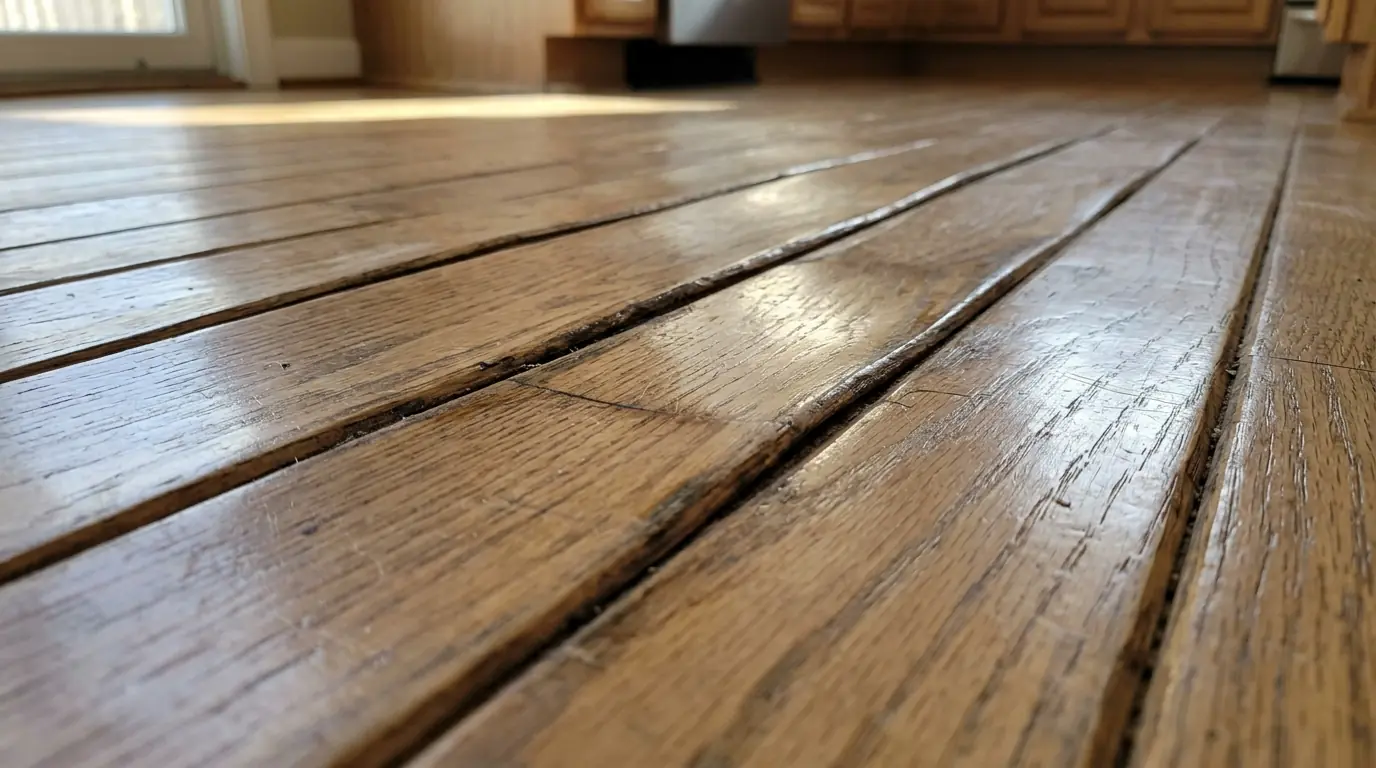 Cupped oak floorboards after a water leak