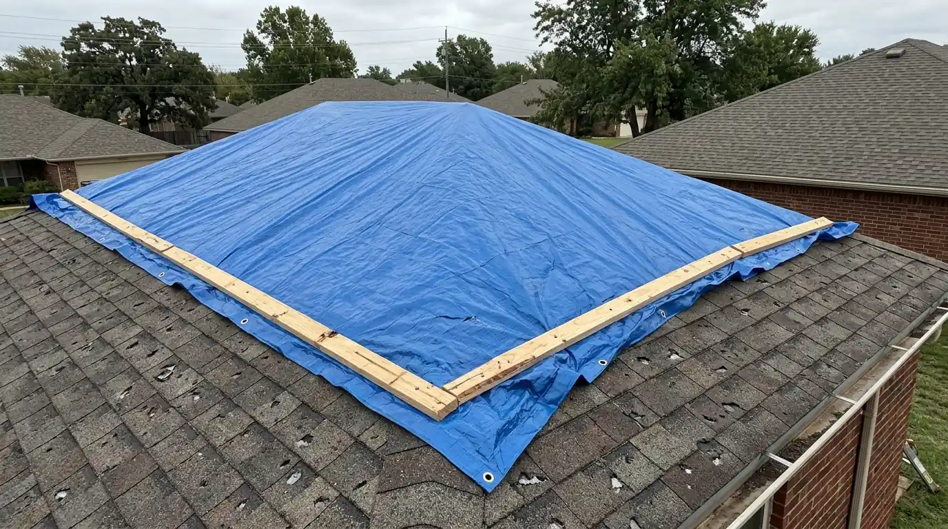 Battened tarp running over a roof ridge