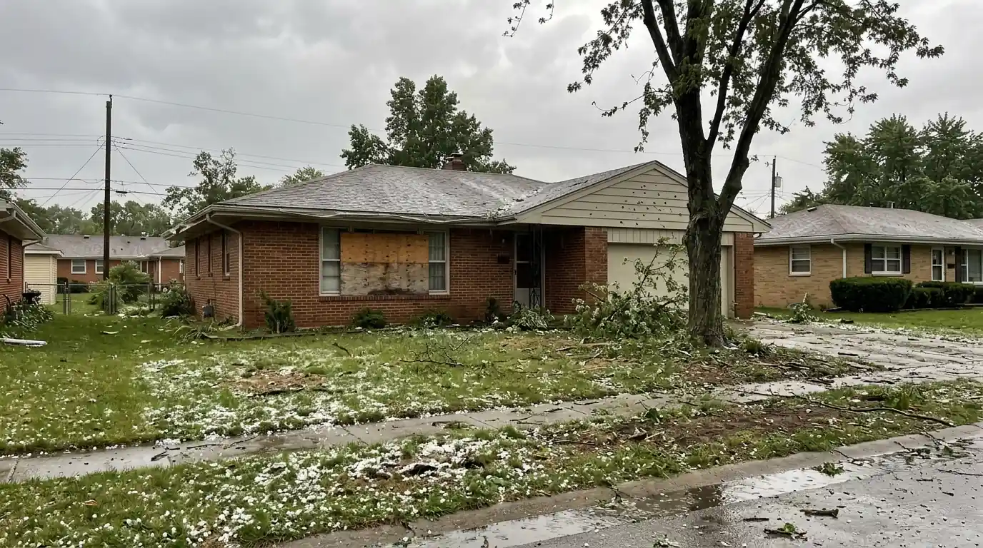 Ranch home with boarded window and hail-dented gutters