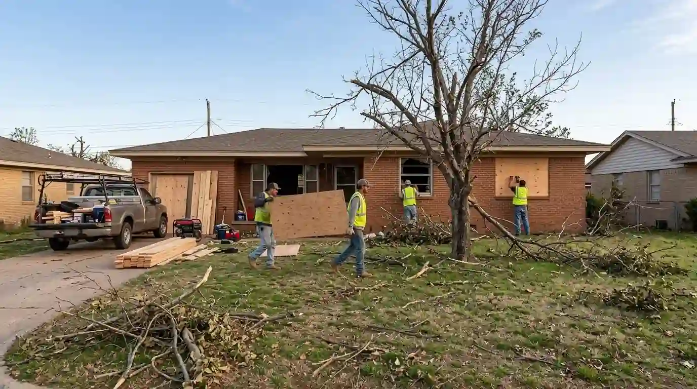 Crew boarding up storm-broken windows on a ranch home