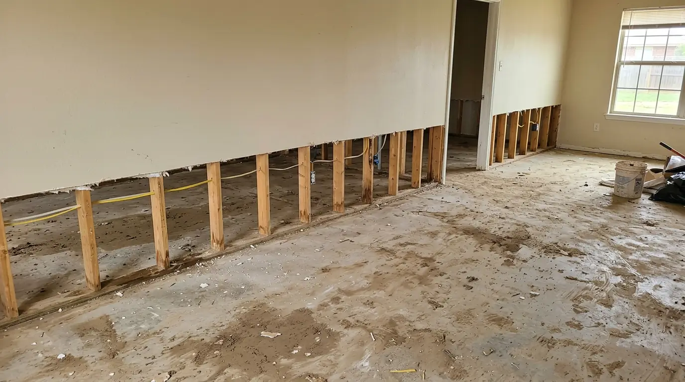 Flood cut drywall above a muddy slab