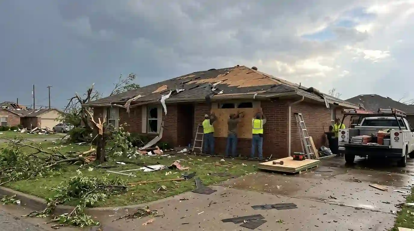 Crew boarding up broken windows after a tornado
