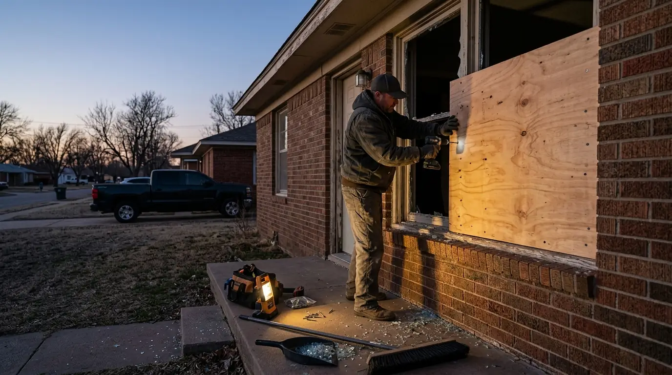 Plywood going over a broken front window at dusk