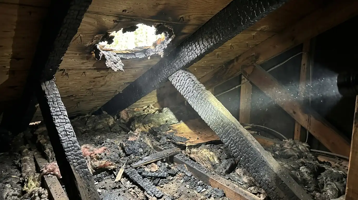 Lightning burn damage in an attic