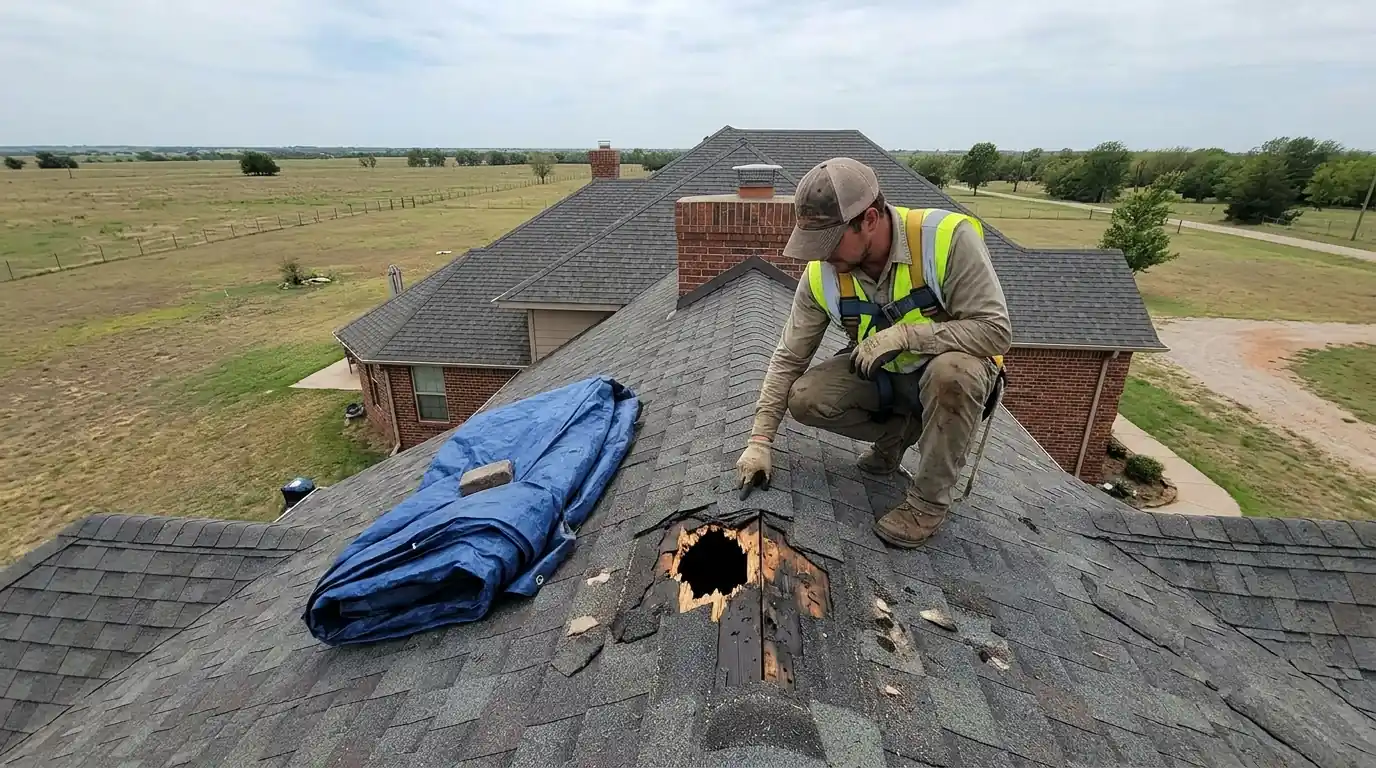 Roofer pointing to a hail hole through roof decking