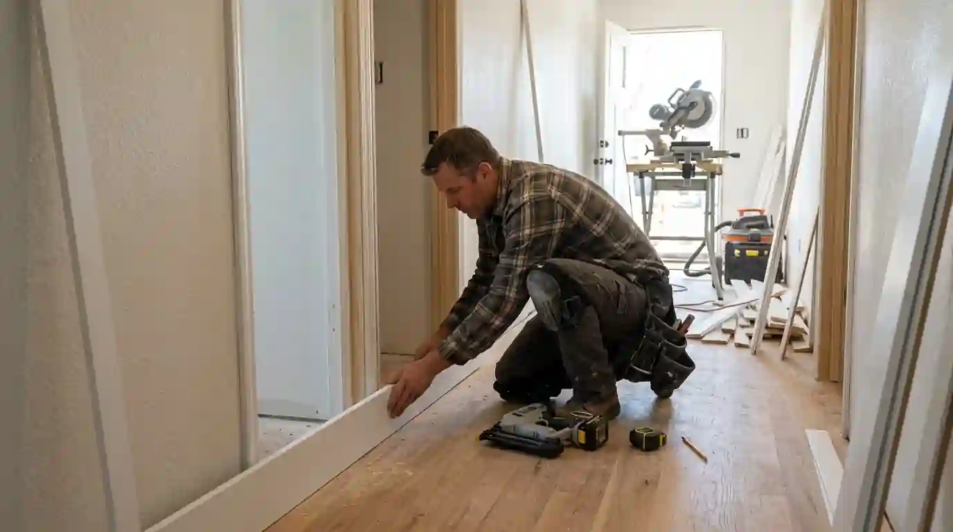 New baseboard fitted along a rebuilt hallway wall